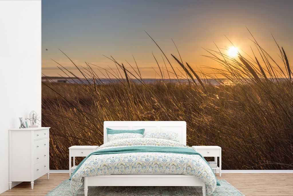 MuchoWow Fototapete für Wohnzimmer oder Schlafzimmer Wandtapete Vinyl Motivtapete Ostsee - Schilf - Sonnenuntergang - 330x220 cm - Fototapeten