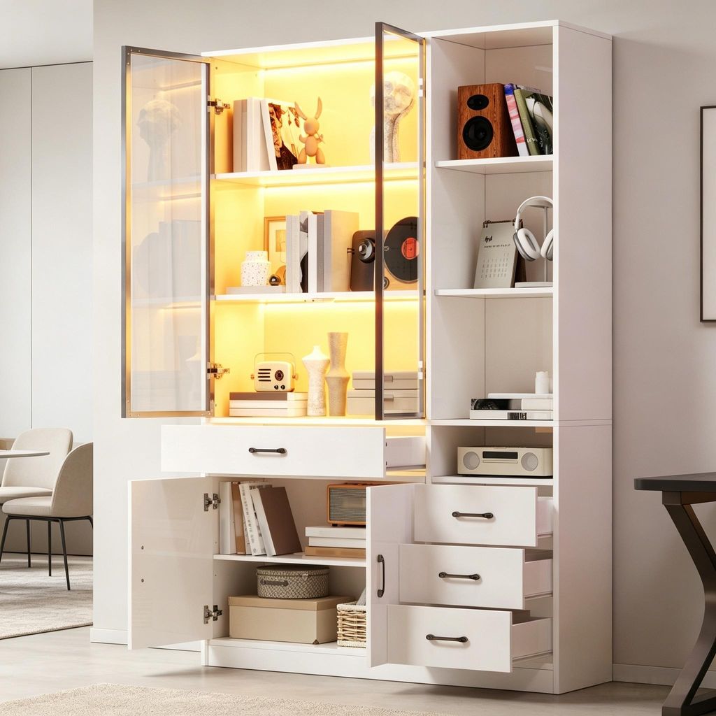 MODFU Hochschrank Weiß mit Glasvitrine & LED,Mehrzweckschrank mit 13 Stauraumbereiche,4 Schubladen & 2 Türen,Bücherschrank,120×35×200 cm