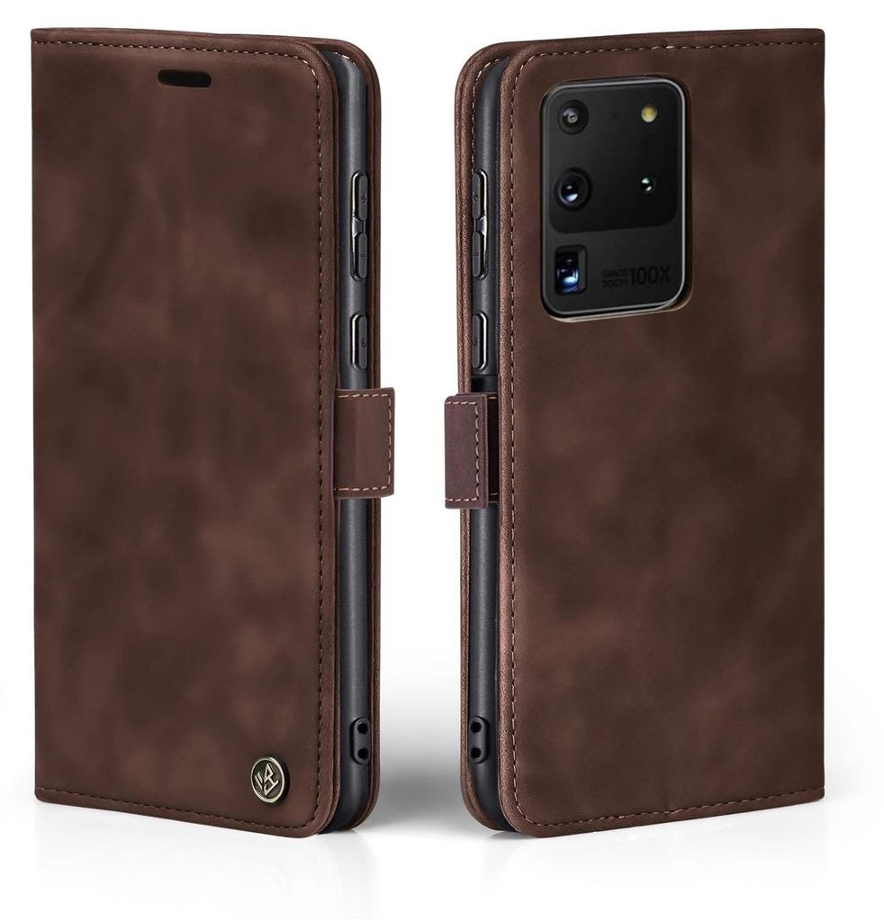 A brown flip cover phone case for a Samsung Galaxy S20 Ultra 5G is shown from two angles.