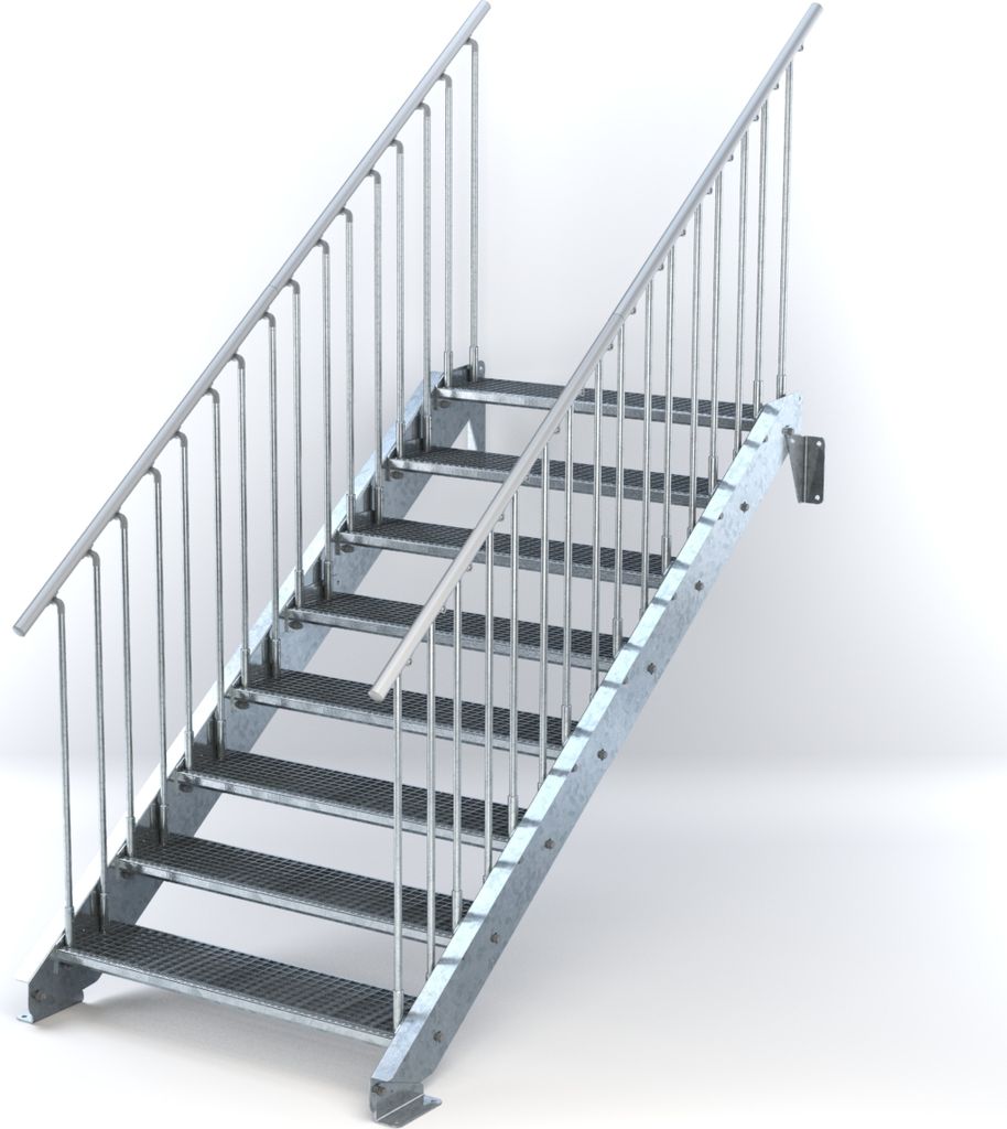 Stahltreppe 8 Stufen bis Höhe 160 cm, Laufbreite : 110 cm beidseitiges Geländer ST 2 (31 / 31 mm gezackt)