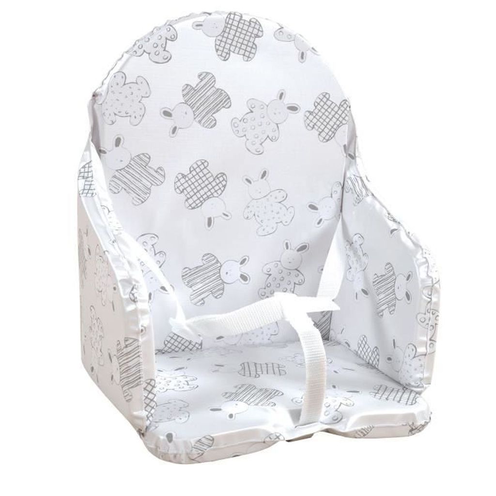 A baby high chair cushion with a rabbit pattern.