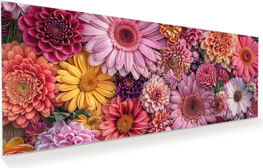 Glasbild 150x60cm in XXL für Wohnzimmer, Schlafzimmer Motiv Bunte Blumenpracht