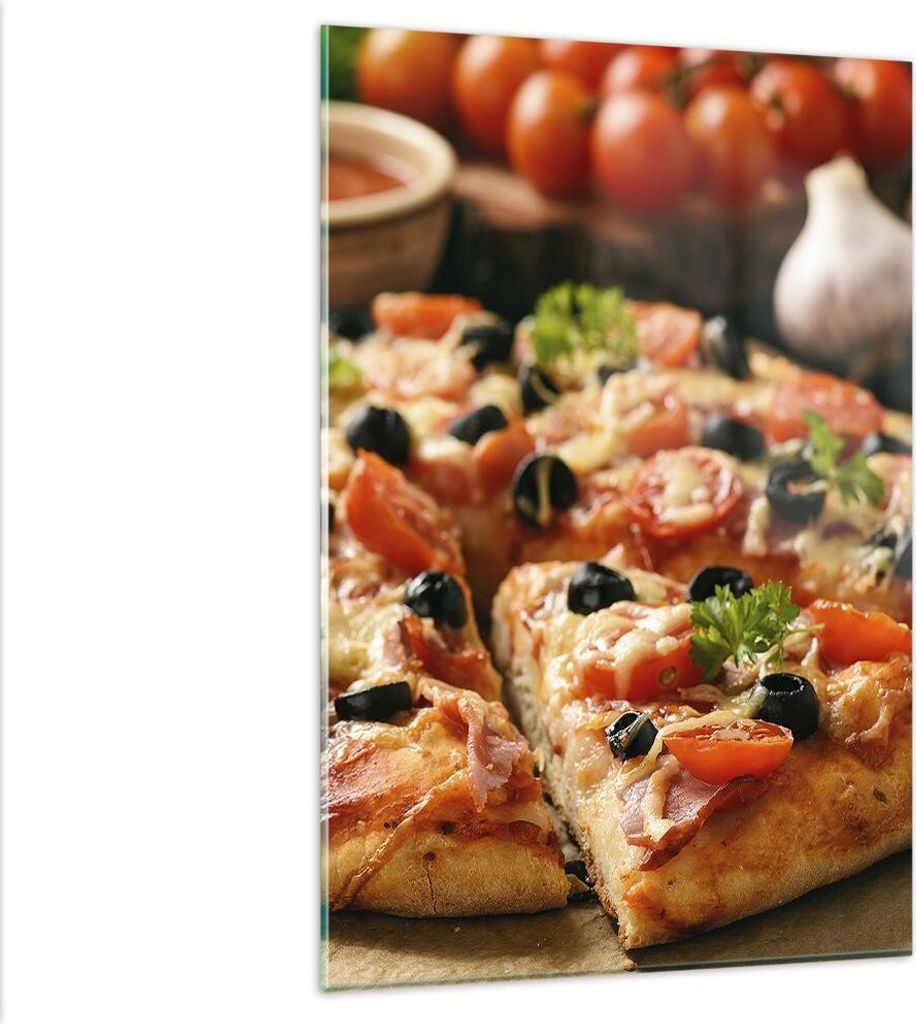 Bilder auf glas - Einteilig - Pizza Käse Tomaten - 80x120cm - Glasbilder - Wandbilder - Bilder - zum Aufhängen bereit - Wanddekoration aus Glas -...