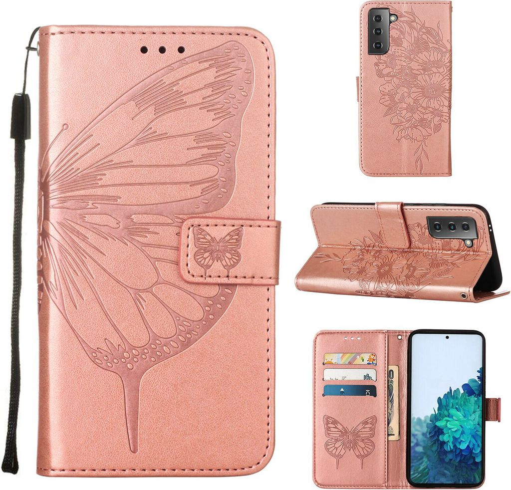 Galaxy S21 5G Hülle, Schmetterling Prägung Flip Leder Kartenfächer Schutzhülle Ledertasche mit Ständer für Samsung Galaxy S21 5G Roségold