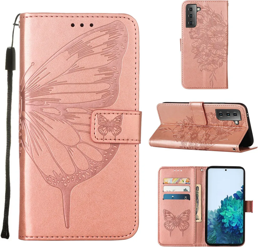 Cover Portafoglio Galaxy S21+ Oro Rosa: Farfalle 3D e Funzione Stand