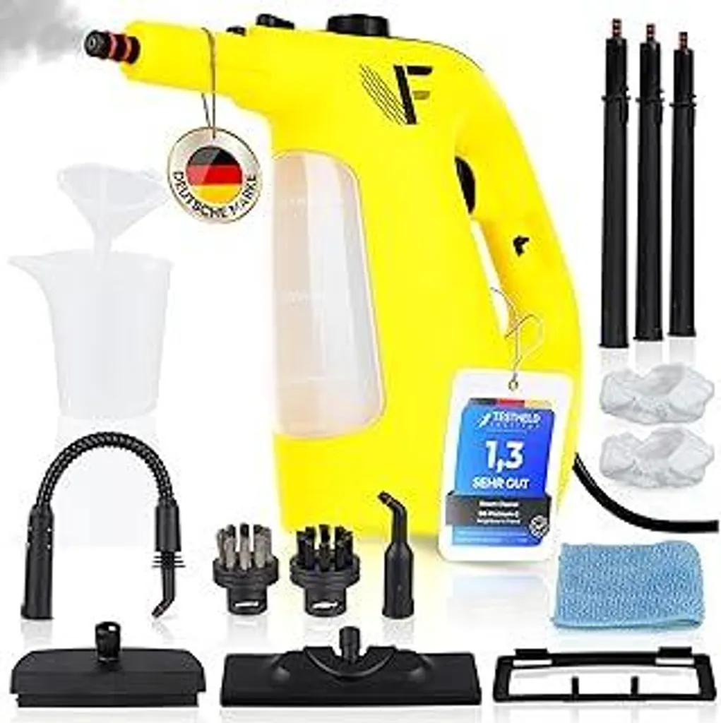 Neighbour's Friend Pulitore a vapore 2 in 1 con funzione mop a vapore – Potente pulitore a vapore manuale 1500 W, cavo da 4 m, serbatoio da 450 ml I Pulitore a vapore manuale per pavimenti, finestre, bagno, tappeti, cucina