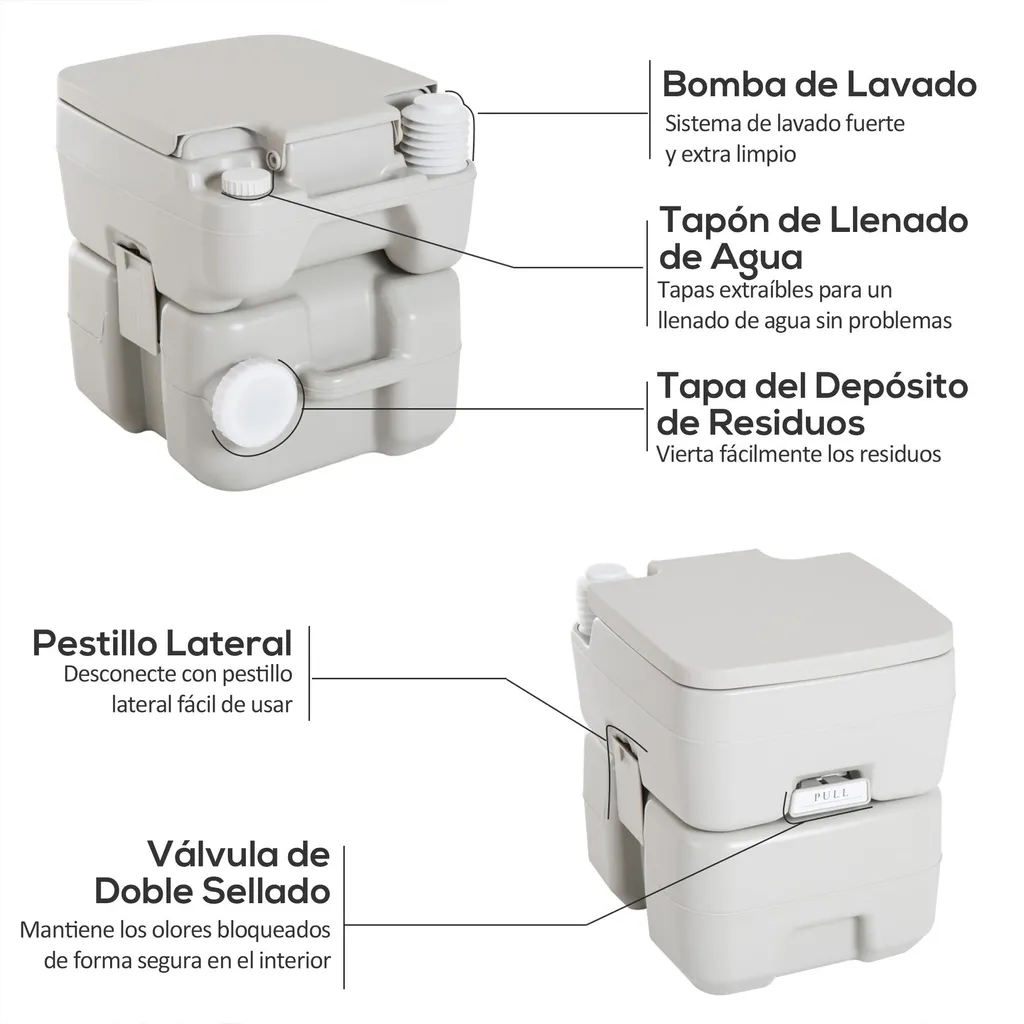 Toilettes portables avec chasse d'eau simple, réservoir 20L - Gris - 4