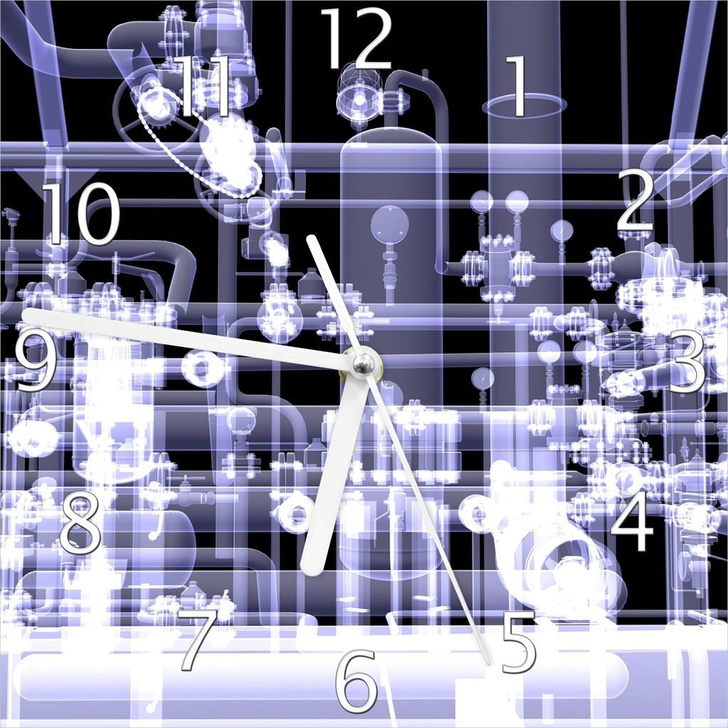 Wallario Design Wanduhr Transparente Maschine unter Röntgen mit Zahnrädern und Rohren aus Echtglas, Größe 20 x 20 cm