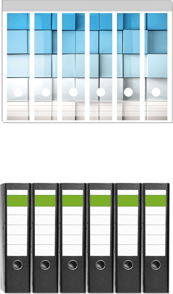 Wallario 6 Stück breite Ordner inkl. Klebeetiketten mit Motive Blau-weiße Kisten Schachteln Muster - Set mit Rückenschildern / Ordnerrücken Sti...