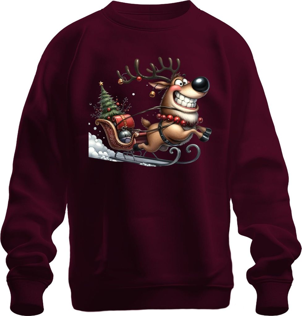 Lustiges Rentier Schlitten Weihnachten Geschenk Retro Uni Sweatshirt Pullover, Burgundy, S