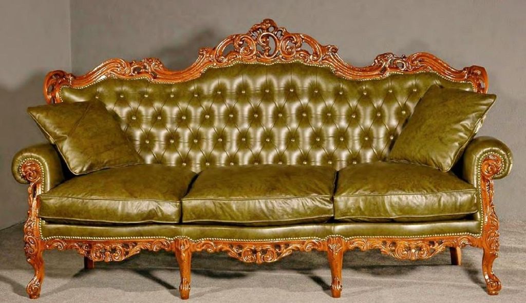 Casa Padrino Luxus Barock Leder Sofa Grün / Braun - Prunkvolles Wohnzimmer Sofa mit hochwertigem Echtleder - Barock Wohnzimmer & Hotel Möbel - Lu...