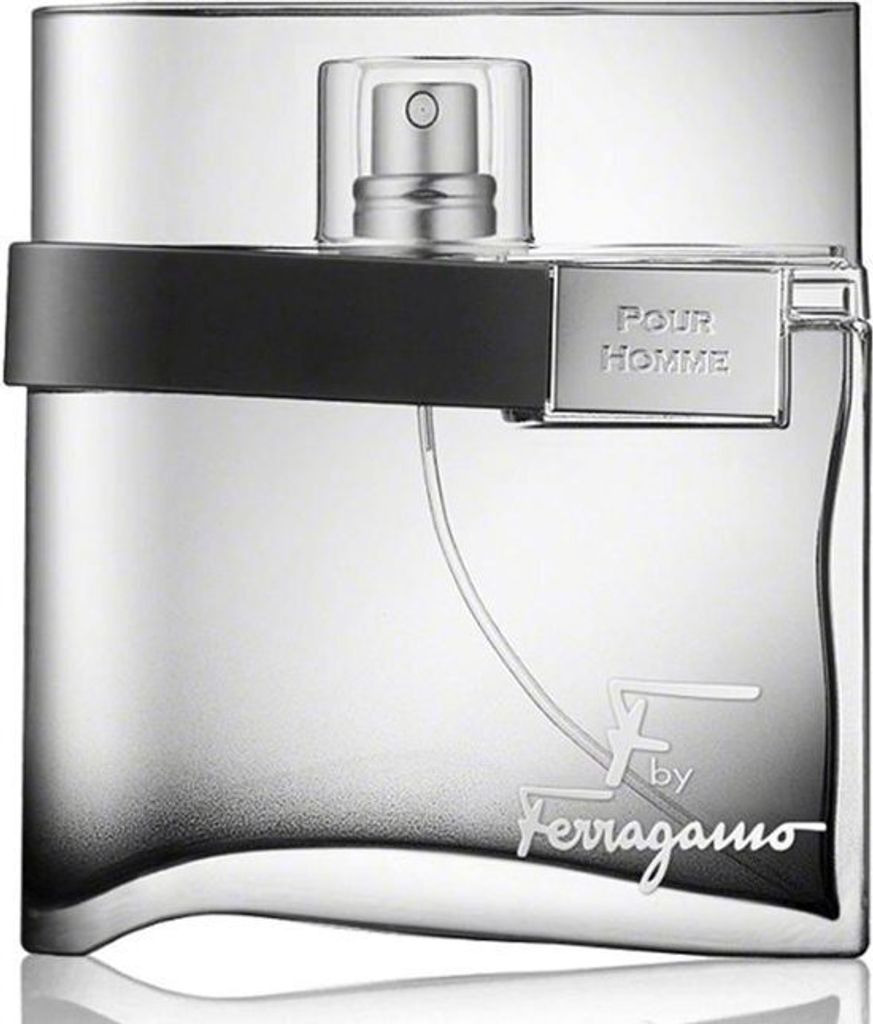 A studio shot of a bottle of Salvatore Ferragamo F by Ferragamo Pour Homme Black eau de Toilette.