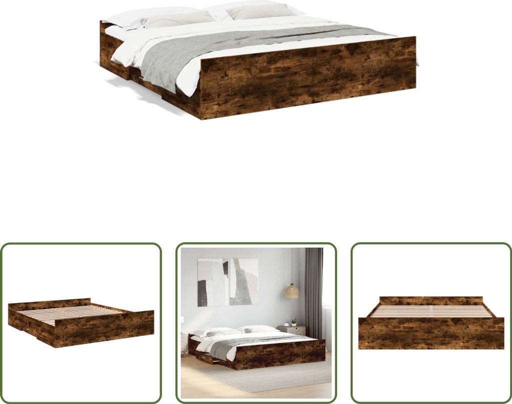 The Living Store Bettgestell mit Schubladen Räuchereiche 200x200cm Holzwerkstoff