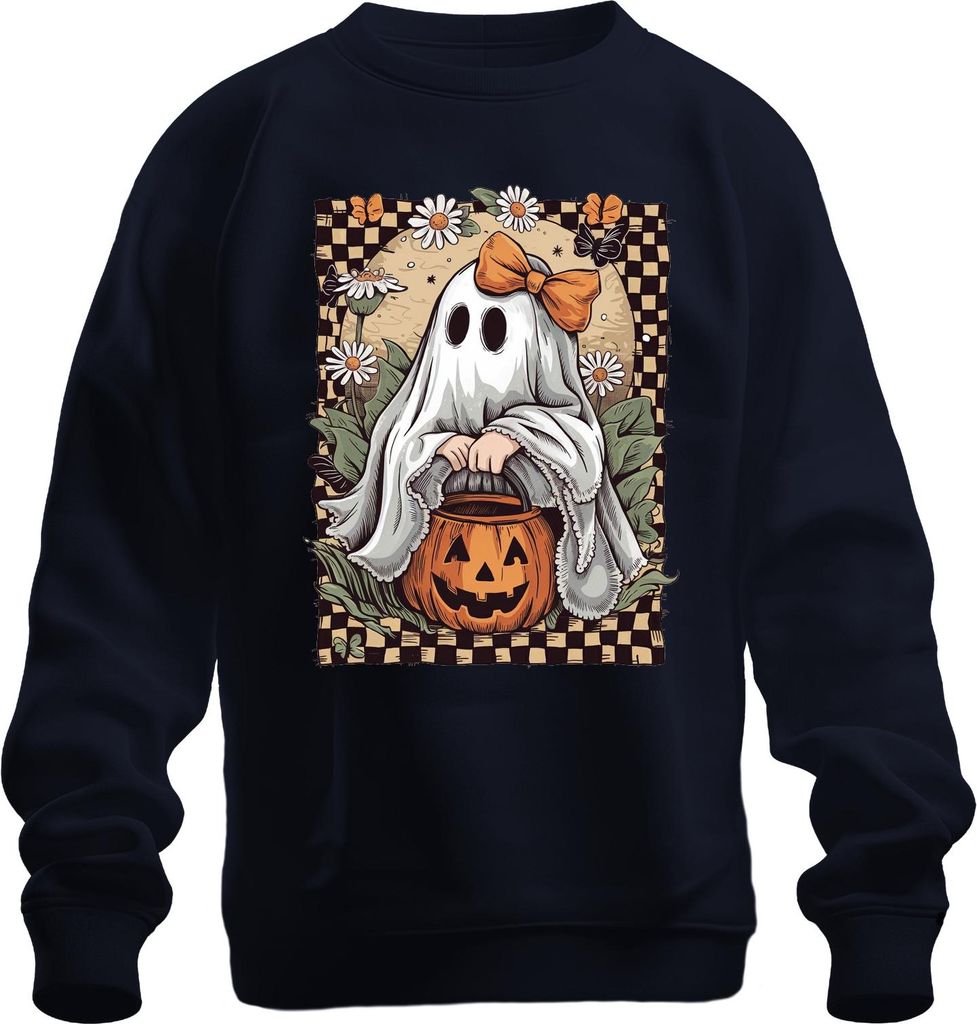 Süßes Gespenst Halloween Kürbis Gänseblümchen Schleife Retro Uni Sweatshirt Pullover, Navy, L