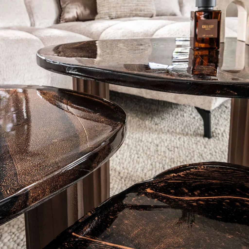 Petite table basse de salon marron et cuivre - Meuble d'appoint 51cm