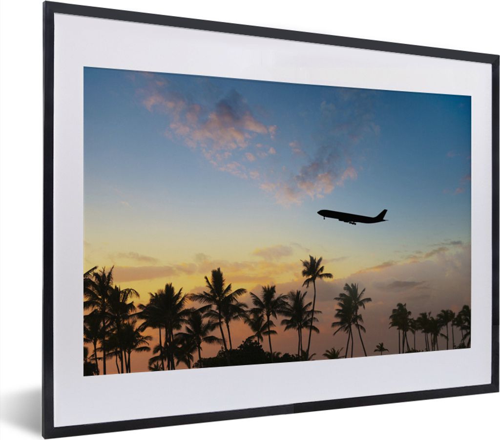 MuchoWow MuchoWow Gerahmtes Poster Silhouette eines Flugzeugs über den Palmen 40x30 cm - Poster mit zchwarzem Bilderrahmen - Bilderrahmen - Po...