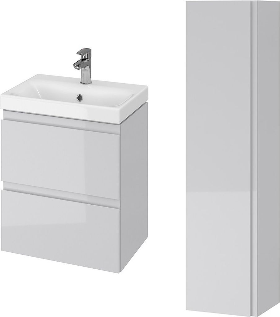 BADLAND Badmöbel Set MODUO SLIM 50 Waschbecken-Unterschrank, Hochschrank 160x40x34, Türen mit Spiegel, Grau