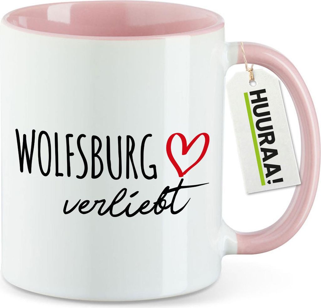 Huuraa Kaffeetasse Wolfsburg verliebt 330ml Rosa Keramik Kaffeebecher Geschenkidee