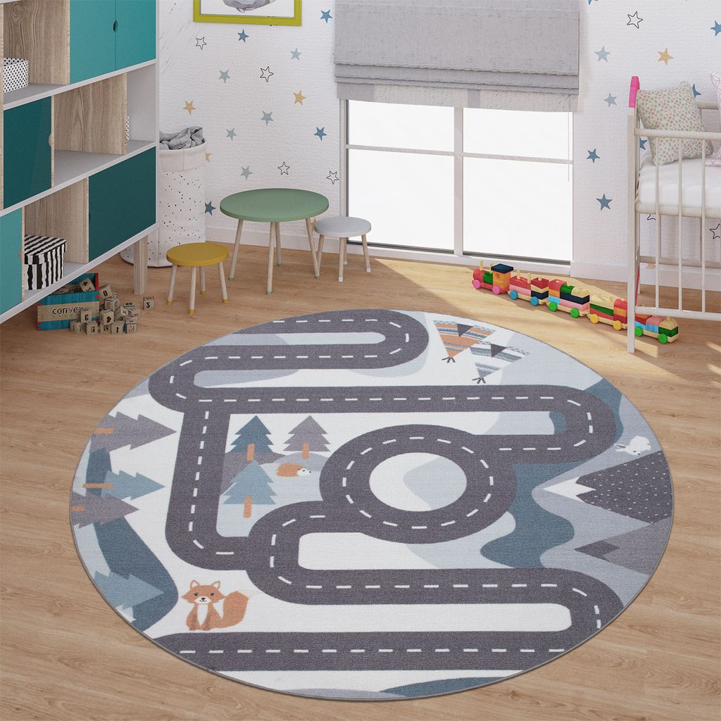 Kinderteppich Spielteppich Für Kinderzimmer Straßen Motiv Grau Blau Weiß Farbe:Silber Grösse:80x150 cm 