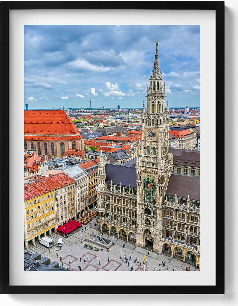 Marienplatz-Rathaus in München– Wandbild mit Rahmen – Gerahmtes Bild – Wanddekoration – 60x80 cm – Schwarz Rahmen