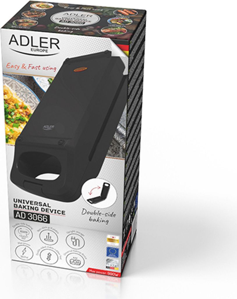 The image shows the retail packaging of a black universal baking device.