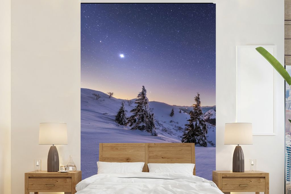 MuchoWow Fototapete für Wohnzimmer oder Schlafzimmer Wandtapete Vinyl Motivtapete Winter - Schnee - Nacht - Bäume - 200x300 cm - Wanddekorationen