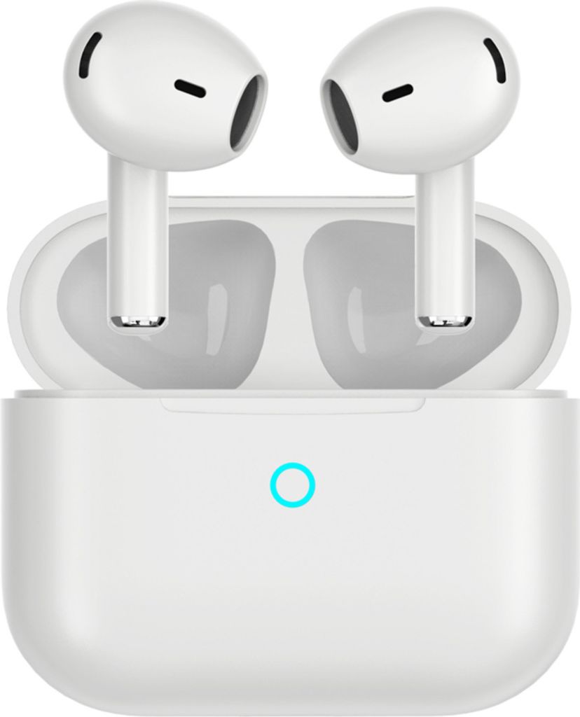 A pair of white wireless earbuds in their charging case.