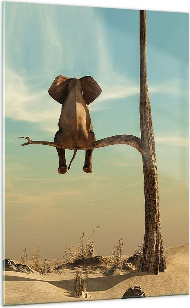 Bilder auf glas - Einteilig - Elefant sitzend Ast - 70x100cm - Glasbilder - Wandbilder - Bilder - zum Aufhängen bereit - Wanddekoration aus Glas -...