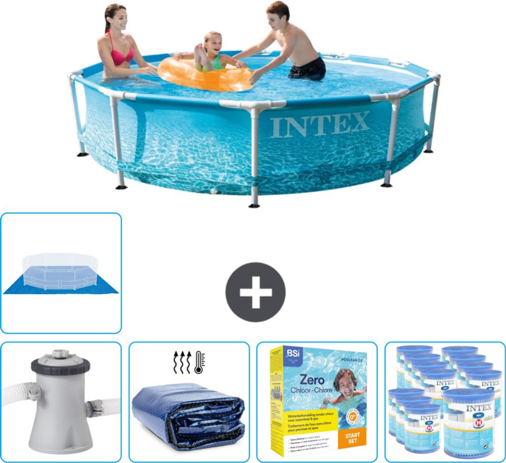 Intex Rundrahmen-Schwimmbecken – 305 x 76 cm – Wasserdruck – inklusive Pumpe Sonnensegel - Wartungspaket - Filter - Bodenplane