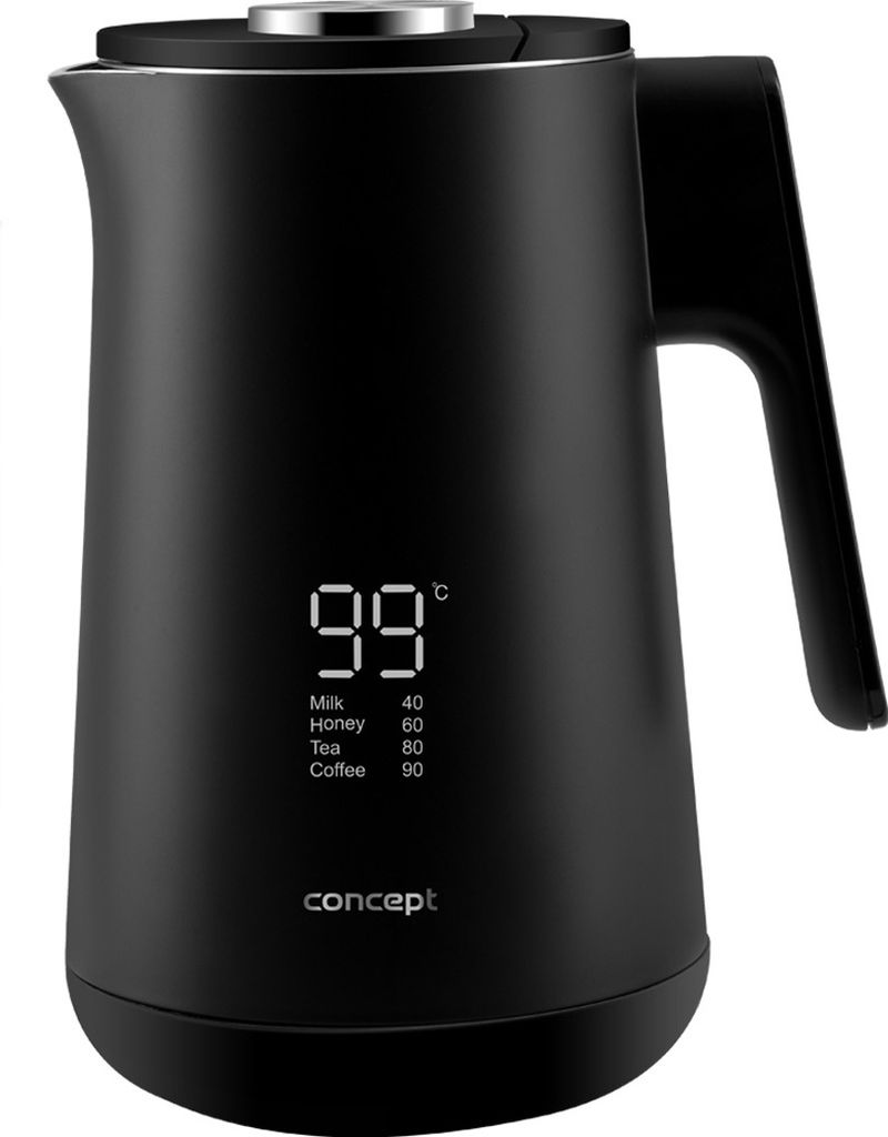 A black electric kettle with a digital display showing the temperature and preset options.