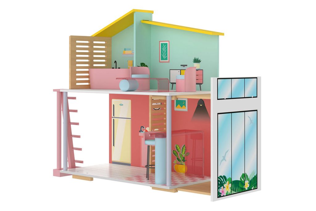 Holzhaus mit Ausstattung und beweglicher Terrasse - 59x66x30 cm