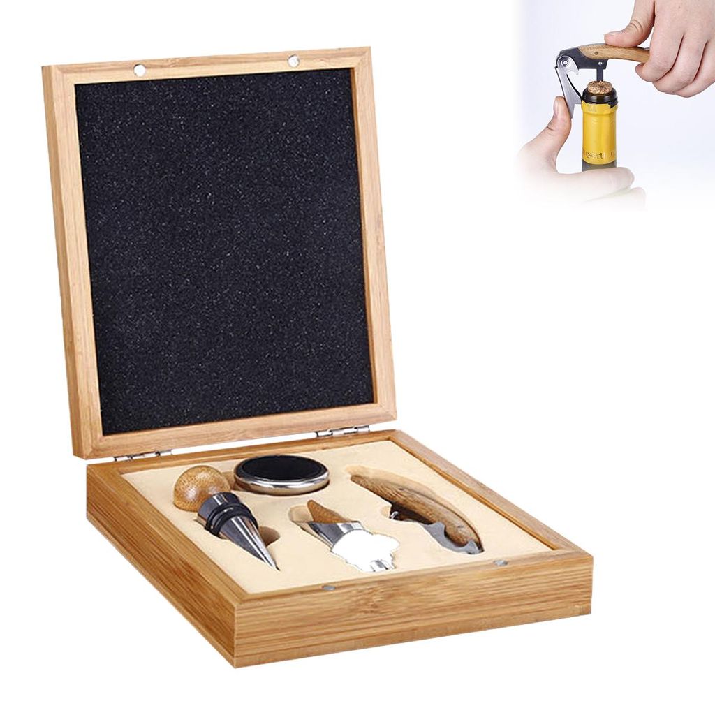 Multifunktionales Wein-Zubehörset in Bambusbox, inkl. Edelstahl-Flaschenöffner, Tropfring, Ausgießer und Rotweinverschluss