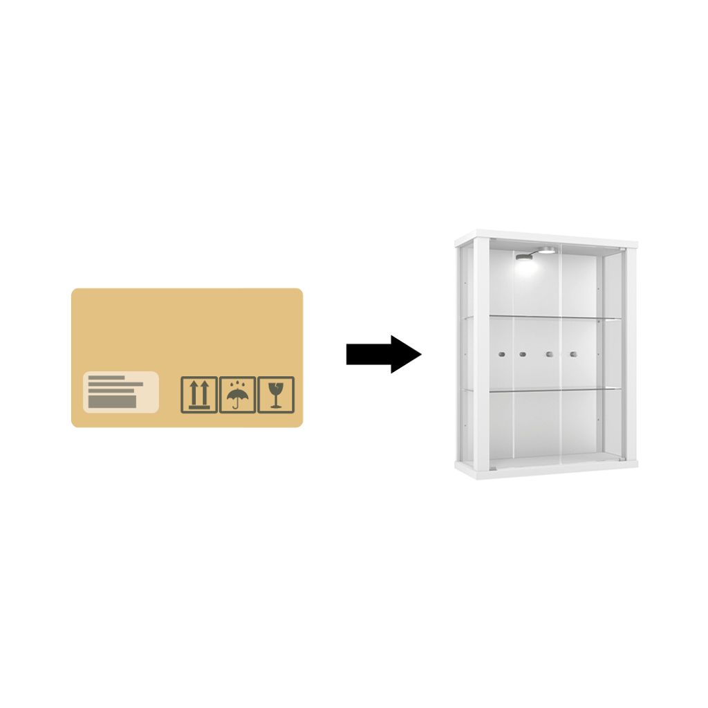 A package box with shipping labels transitioning into a white display cabinet with glass shelves and internal lighting.