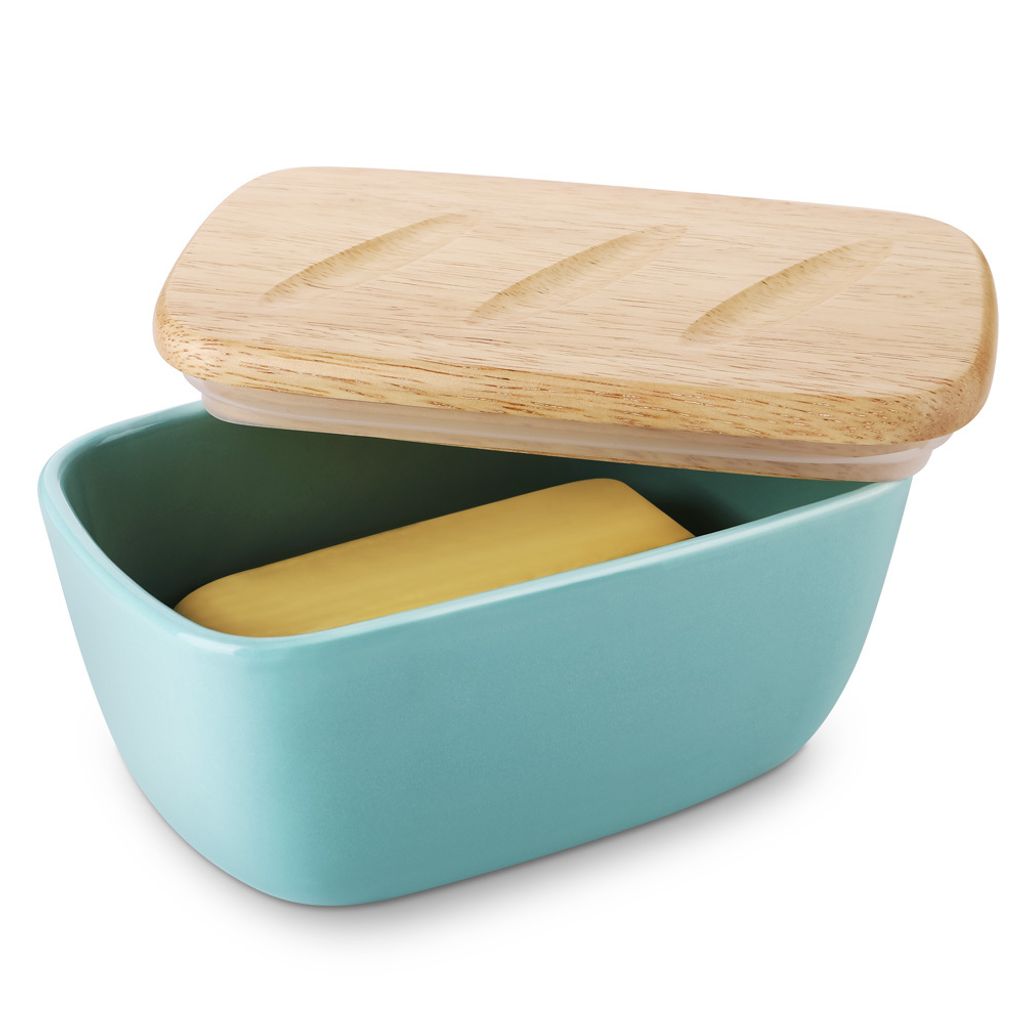 DOWAN Keramik-Butterdose 16,5 cm mit Deckel – Aufbewahrung für 3 Butterstangen, Silikondichtung, für die Arbeitsplatte, blau