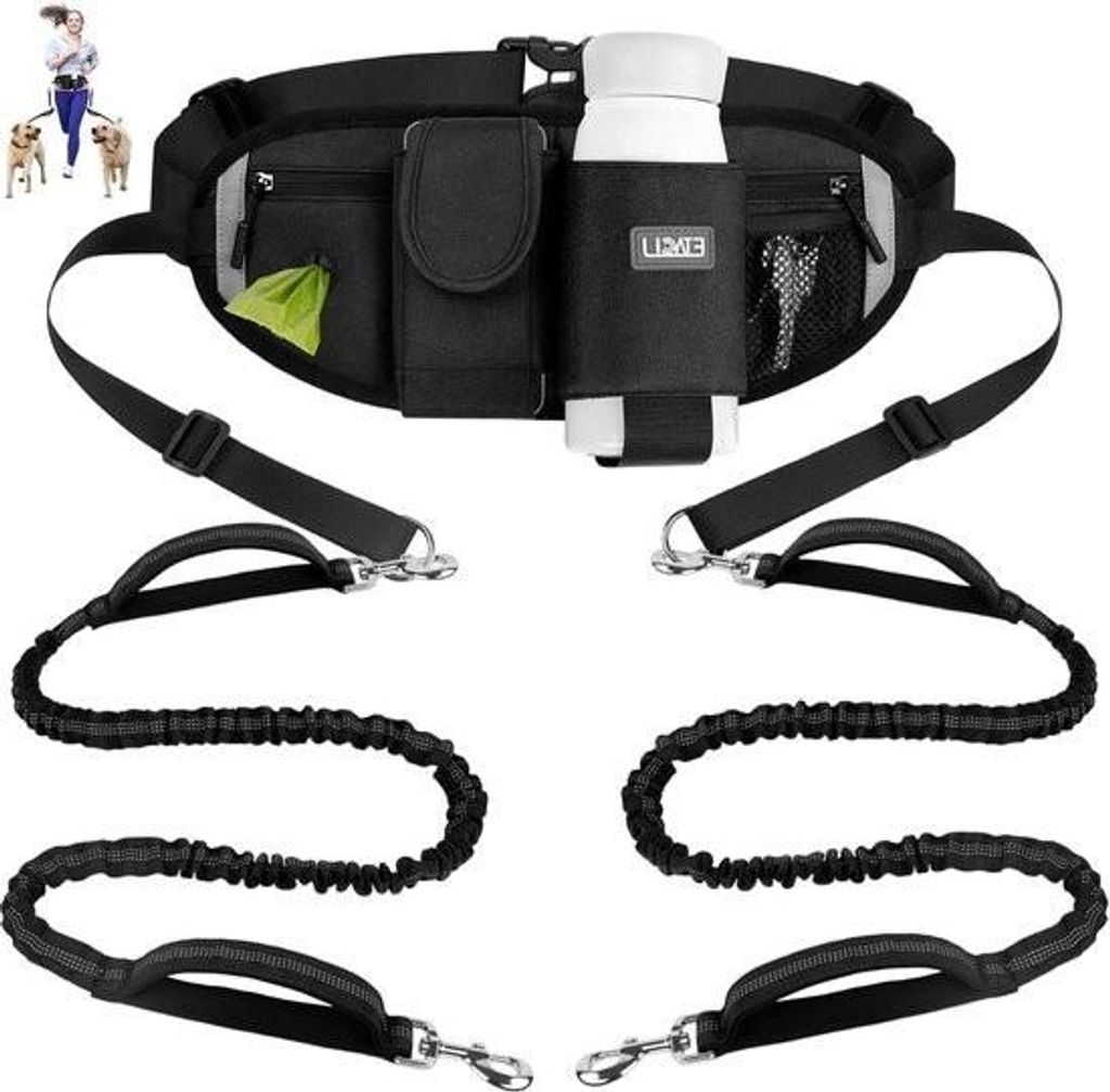 Joggingleine für 2 Hunde - Bauchgurt Handschlaufe - Doppelhunde - Elastische Reflektorleine 90-130 cm - Große und mittelgroße Hunde - Lauf-Joggi...