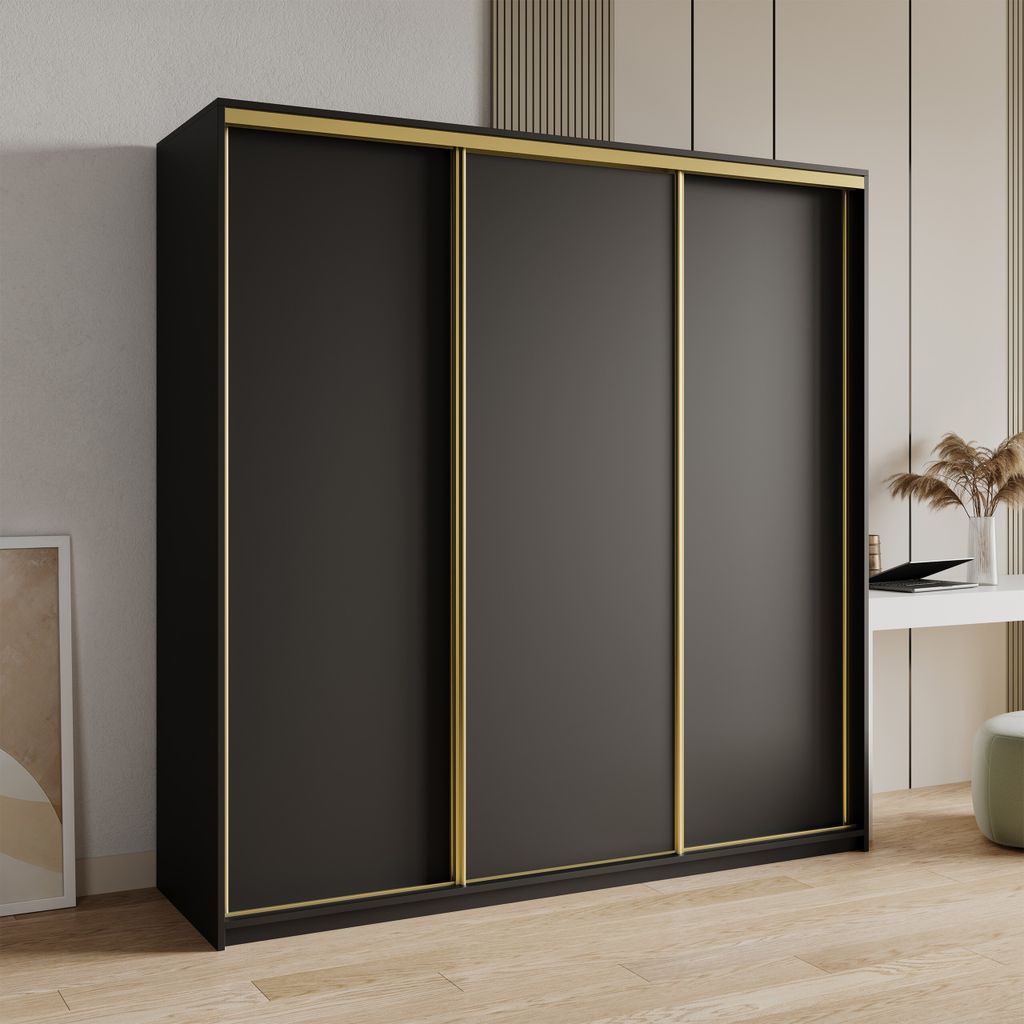 Masseno Schiebetürenschrank NISSE 200/205/60 cm Kleiderschrank mit Schubladen Schlafzimmer Schrank 3-türig Schwarz + Gold