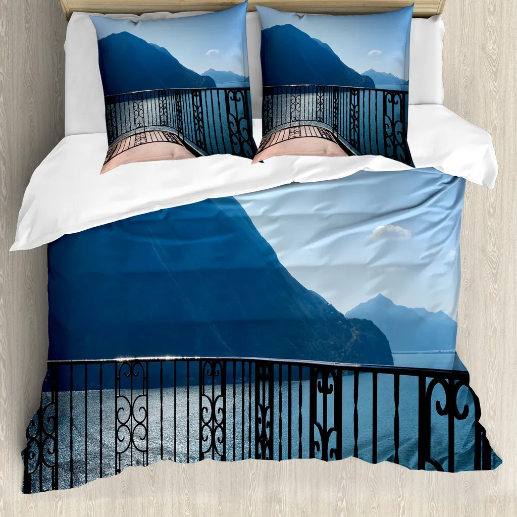 ABAKUHAUS Copripiumino moderno, Insel Berg Ocean View, antiacaro, adatto a chi soffre di allergie, con federe, 200 cm x 200 cm - 80 x 80 cm, blu