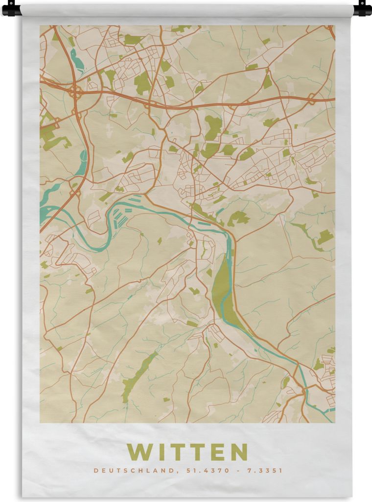 MuchoWow Wandteppich Wandbehang Witten - Karte - Vintage - Stadtplan 120x180 cm Tapisserie Dekoration Wandtuch - Schlafzimmer - Dekorationen für...