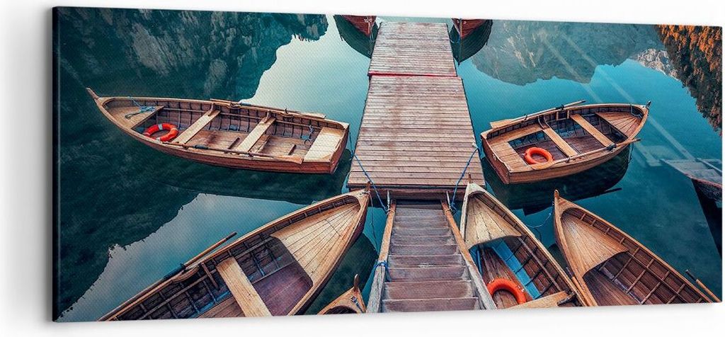 Bild auf Leinwand - Leinwandbild - Berge Boot Wasser - 120x50cm - Wand Bild - Wanddeko - Wandbilder - Leinwanddruck - Bilder - Kunstdruck - Wanddek...