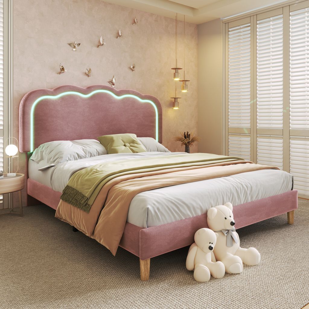 Flieks Polsterbett 140x200cm mit Lattenrost, Jugendbett Kinderbett mit Lattenrost, Doppelbett Holzbett Klassisches Bett, Samt, Rosa
