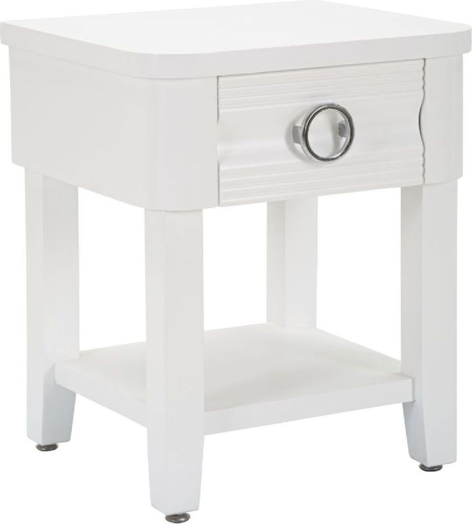 A white nightstand with a single drawer and a shelf underneath, shown from a front-facing angle.