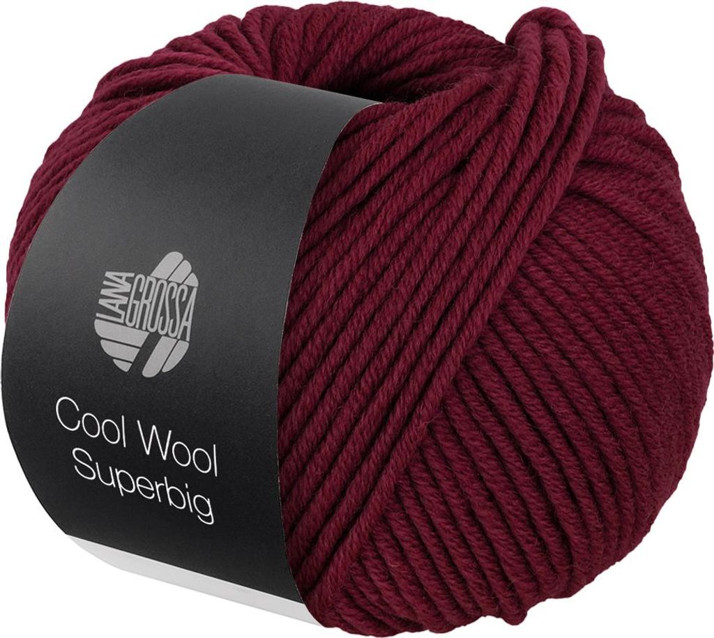 A ball of burgundy yarn with a black label.