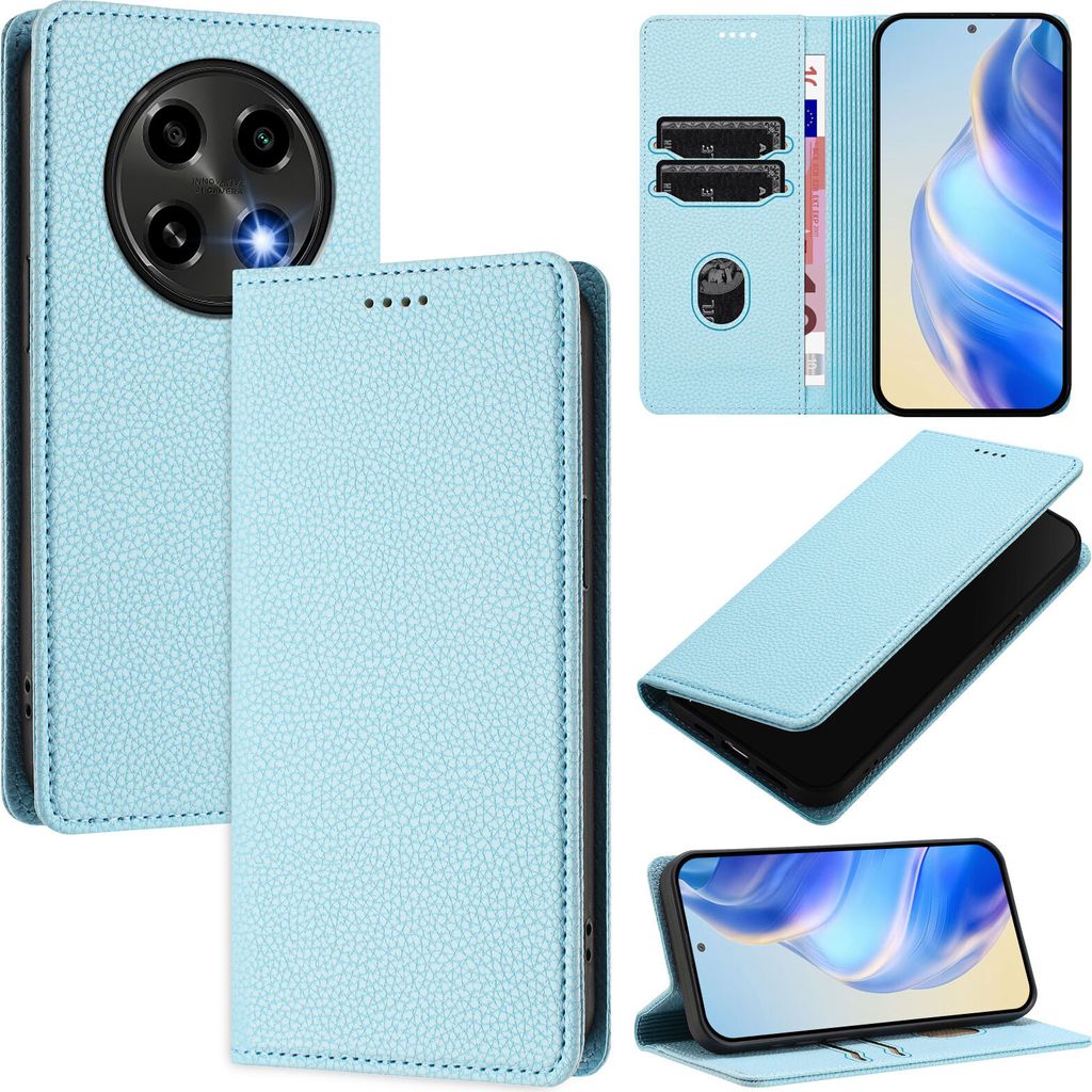 Litchi Leder Handyhülle für Oppo F27 Pro/Oppo F27 Pro+ Wallet Kartenfächer Standfunktion Hülle Hellblau