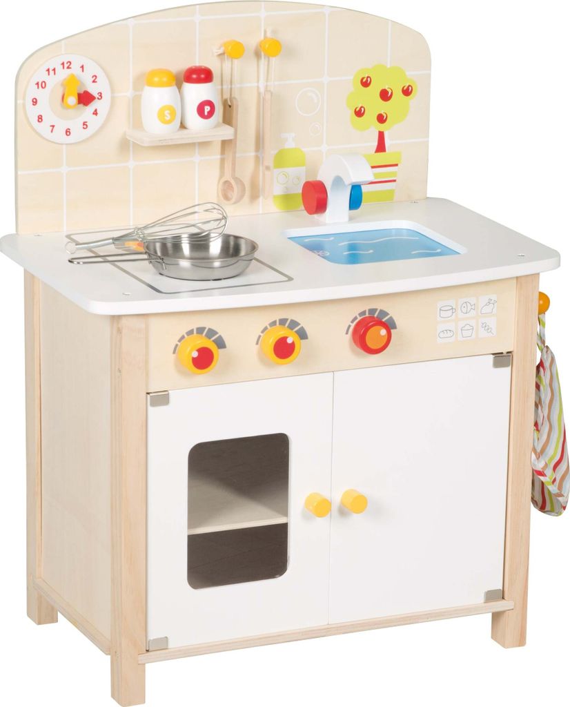 roba Spielküche, weiß, natur, Spielzeug-Küchenzeile mit 2 Kochstellen, Spüle, Wasserhahn & Zubehör