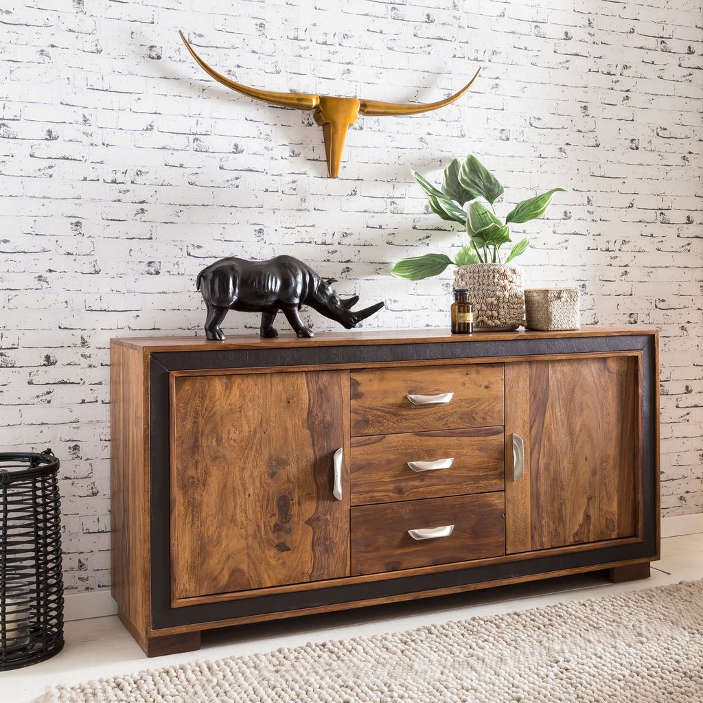 FineBuy Sideboard Sheesham Massivholz 160 cm 2 Türen & 3 Schubladen - Massive Retro Kommode mit Leder - Design Natur Anrichte - Handdustrial