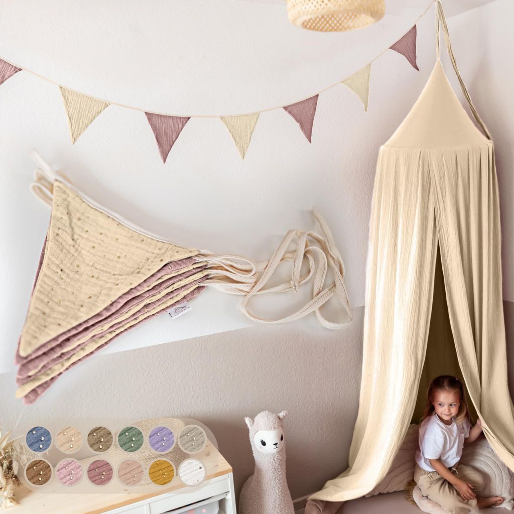 Handgemachte Wimpelkette aus Musselin Kinderzimmer Gold Produktbild 