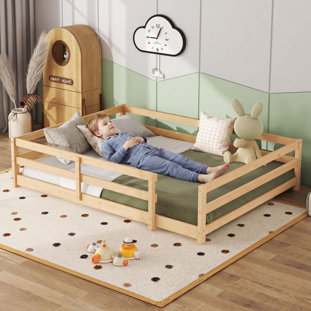 Montessori Bodenbett 140x200 cm Kinderbett Kiefer Massivholz Bettgestell mit Lattenrost & 4-Seiten-Rausfallschutz Natur Stabil bis 200kg