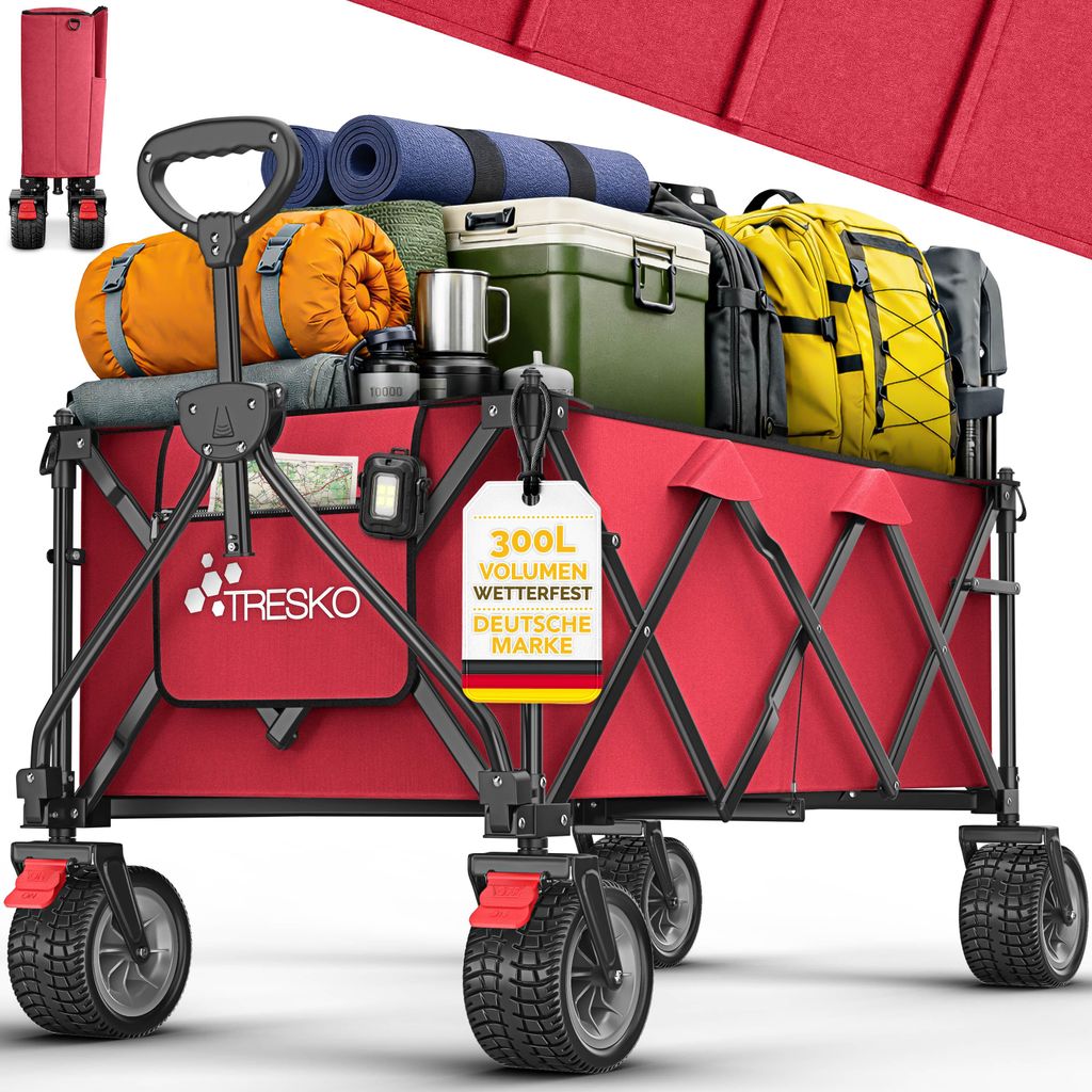 TRESKO® Bollerwagen faltbar 300L mit Bremse Rot | Handwagen Produktbild 
