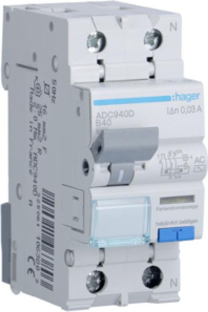 HAGER RCBO Fehlerstrom-/Leitungsschutzschalter 1P+N 6kA B40A 30mA Typ AC ADC940D