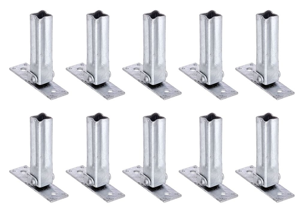 A collection of ten identical metal handrail supports arranged in two rows on a white background.